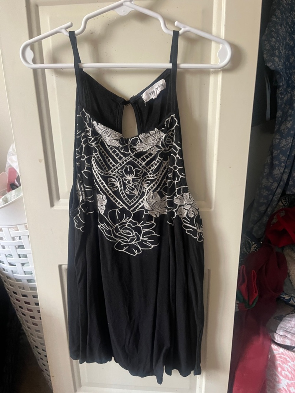 Embroidered Black Tank Dress with White Floral Detail